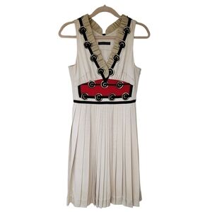 Tsumori Chisato Beige Silk Dress Embrodered Velvet Details Pleated Skirt